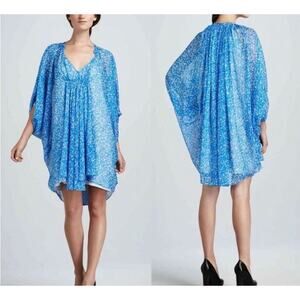 Diane Von Furstenberg Blue Fleurette Silk Dress Floaty Batwing Sleeves Size 4